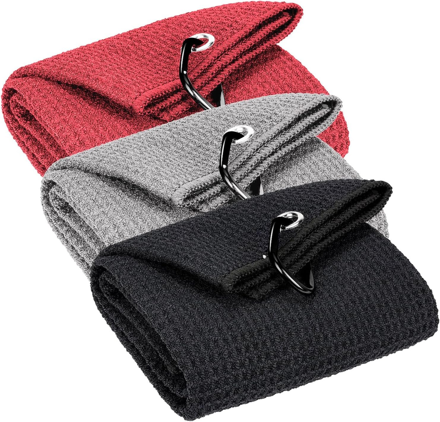 3 Pack Golf Towels – 16″x24″ Tri-Fold Waffle Microfiber Golf Towel for Golf Bag/Golf Cart, Heavy-Duty Carabiner & Ultra Absorbent Fabric to Wipe Sand, Mud & Sweat (Black/Grey/Red)