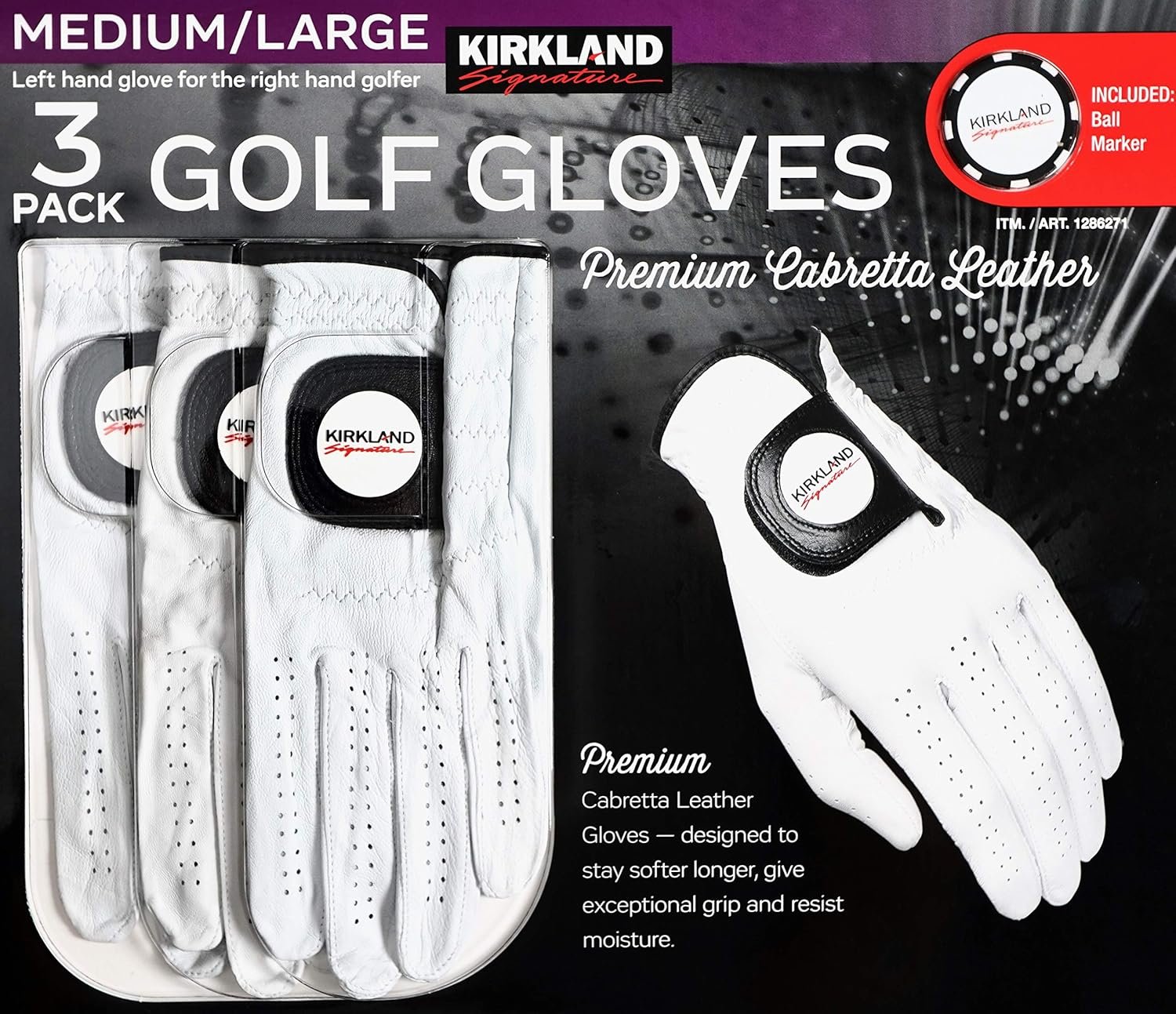 Kirkland Signature Men’s Golf Gloves Premium Cabretta Leather, Medium/Large, 3 Pack