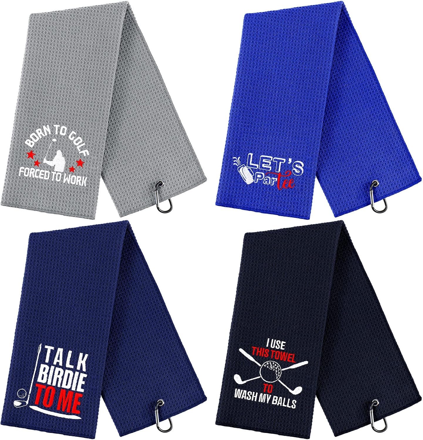 Hosuly 4 Pcs Funny Golf Towel Microfiber Embroidered Golf Ball Towels for Golfbags with Clip Golfclub Men Women Birthday Gifts for Golfball Fan Retirement Present 24 x 16 Inch