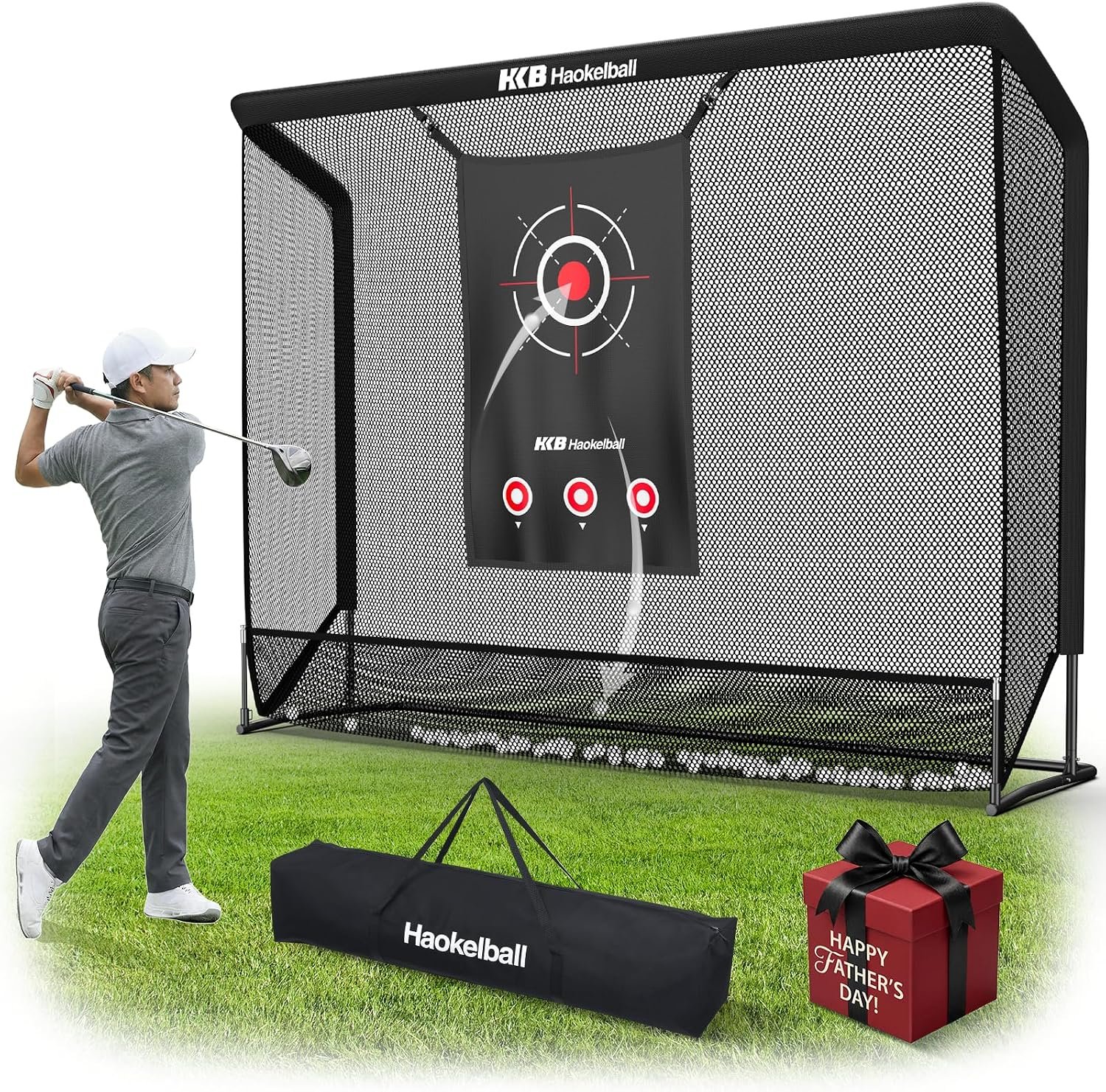 Haokelball Golf Practice Hitting Net for Driving Real Balls, 10x8ft Heavy Duty Netting for Indoor Outdoor with Side Barriers, Ball Return & Collection System, Silent Impact Target and Carry Bag