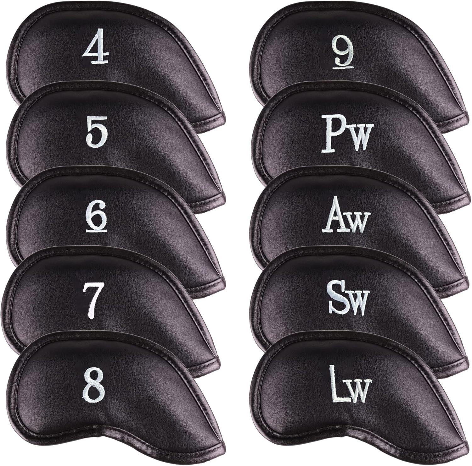 All Teed Up Premium Magnetic Leather Iron and Wedge Golf Club Head Covers | Set of 10 | Fits Most Clubs | Embroidered Club Label on Both Sides of Club Head Cover