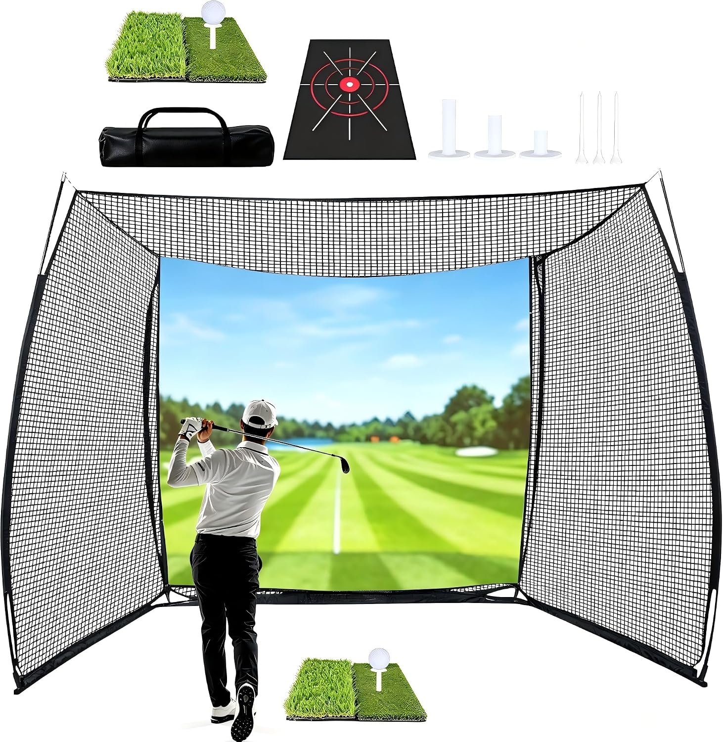 10x8ft Golf Hitting Net with HD Impact Screen & Target Cloth, Heavy Duty Enclosed Golf Simulator Cage for Full Swing, Portable Practice Net for Home Backyard Garage Indoor Outdoor