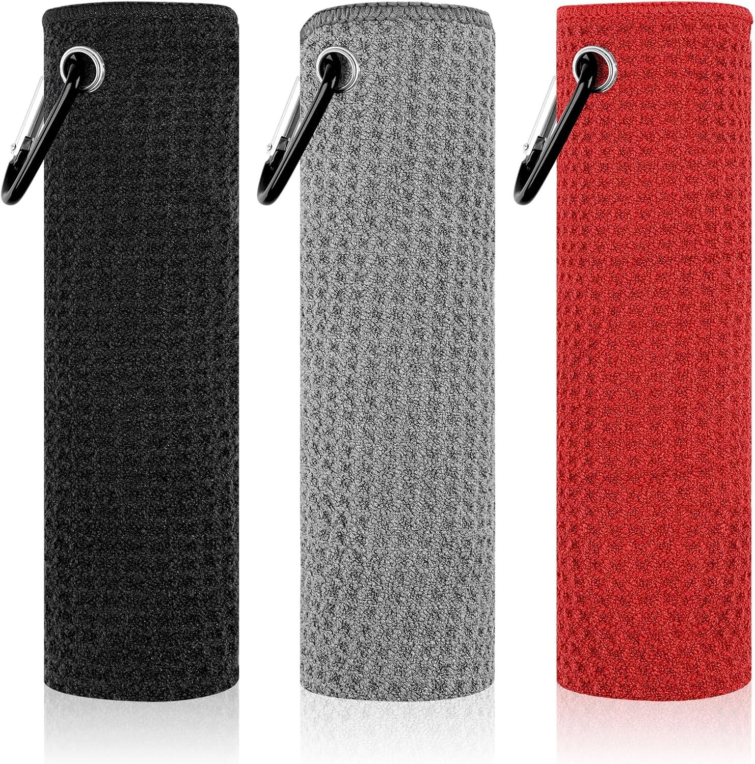 PEASUG 3 Pack Golf Towels (16″ x 16″), Absorbent Waffle Pattern Golf Towel for Golf Bag, Tri-Fold Portable Microfiber Golf Towels for Men & Women with Carabiner Clip, Gray/Red/Black