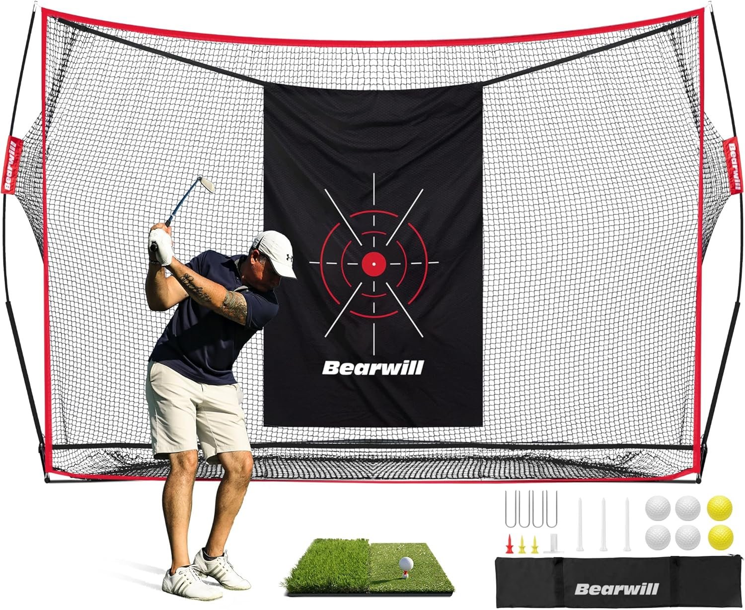 Bearwill Golf Net, 10x7ft Heavy Duty Golf Practice Nets with Mat, Target Cloth, 7 Tees, 6 Balls, Carry Bag for Backyard Driving Chipping Indoor Outdoor Training