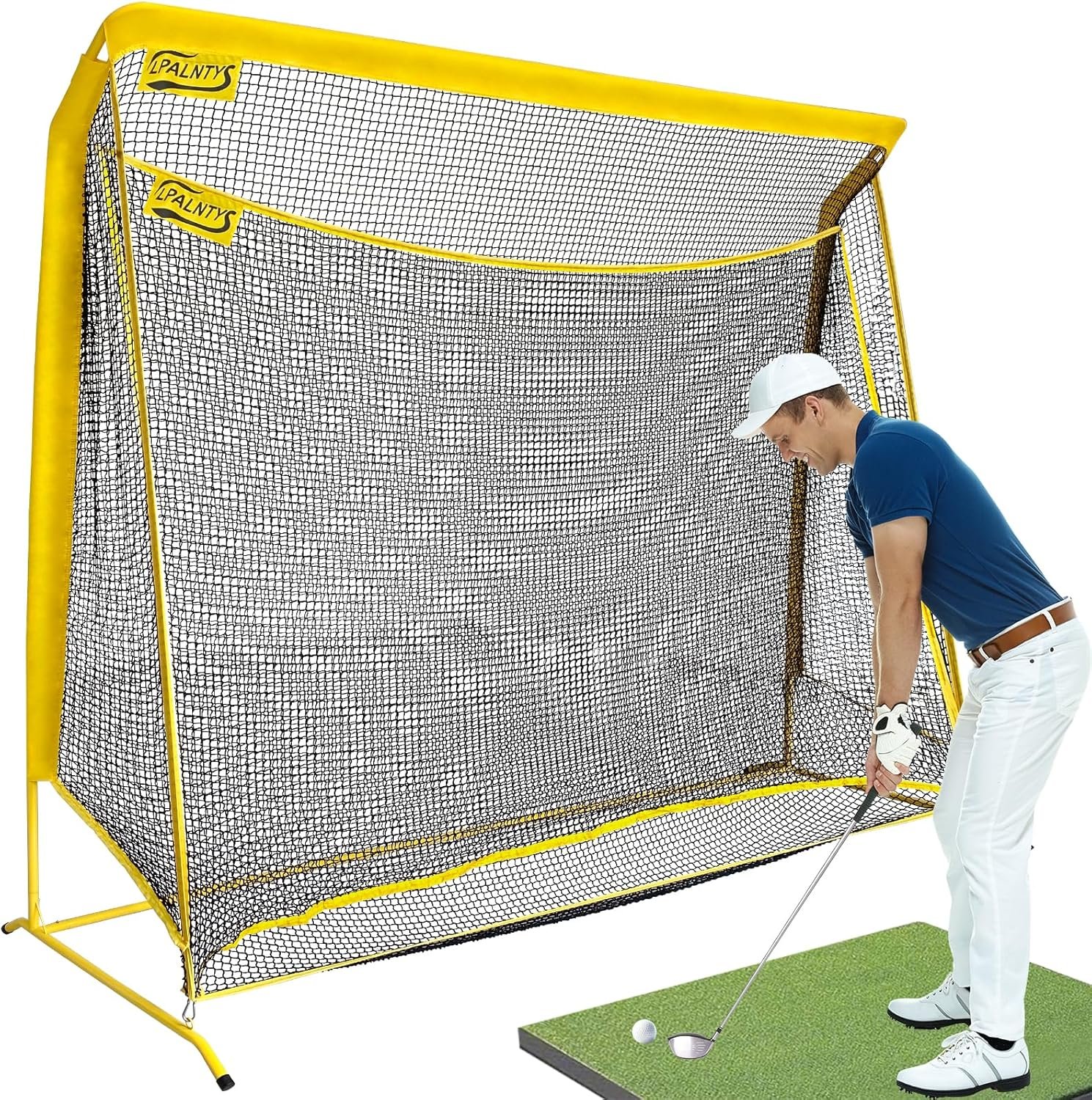 Golf Hitting Net with Extra Striking Net, 10x7ft Heavy Duty Golf Practice Net for Golfer Backyard Driving Swing, Golf Impact Net Cage Metal Frame with Storage Bag and Elevated Base, Indoor Outdoor Use