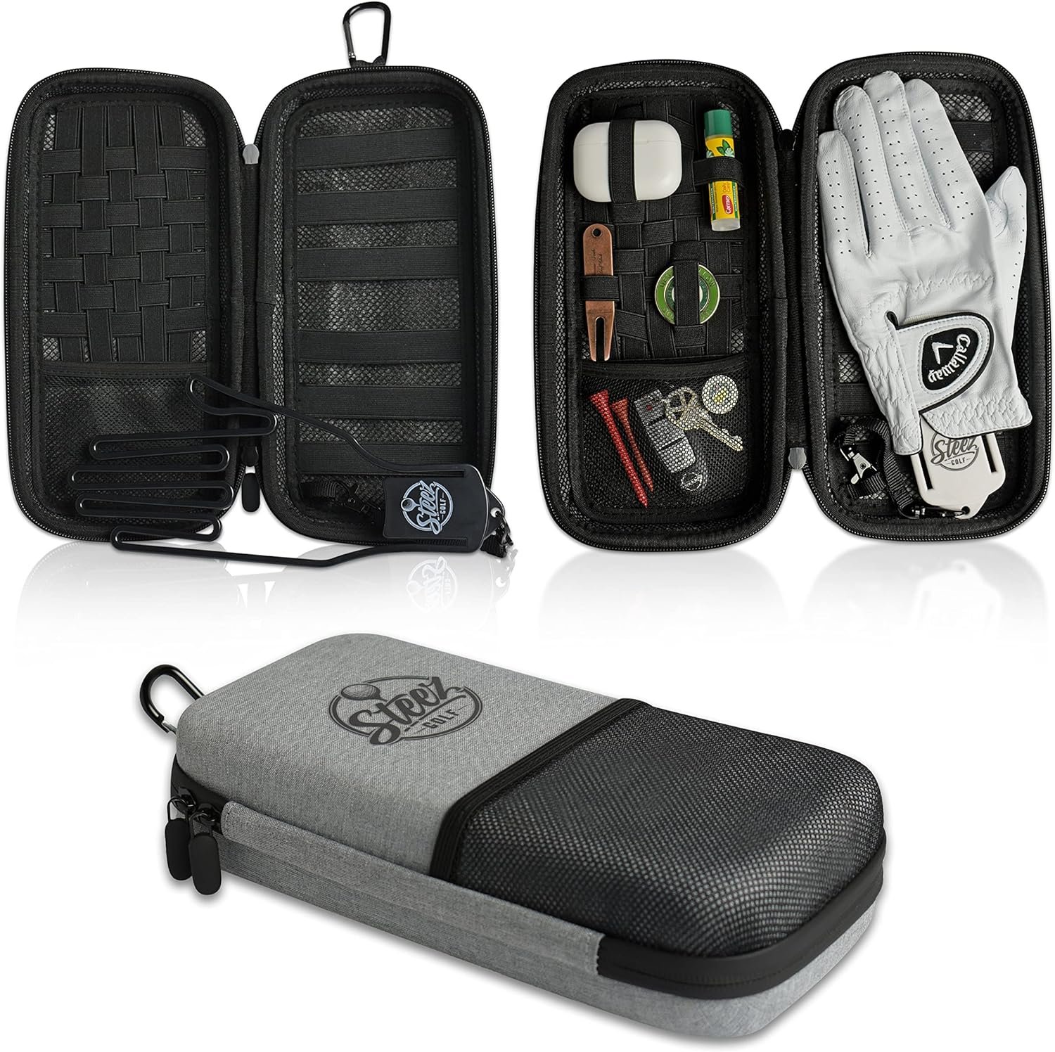 Accessory Case – Golf Bag Organizer. Airtight, Water-Resistant, Protective Hard Case for Phone, Tees, Ball Markers, Repair Tools, and Golf Essentials. Removable Golf Glove Hanger/Dryer