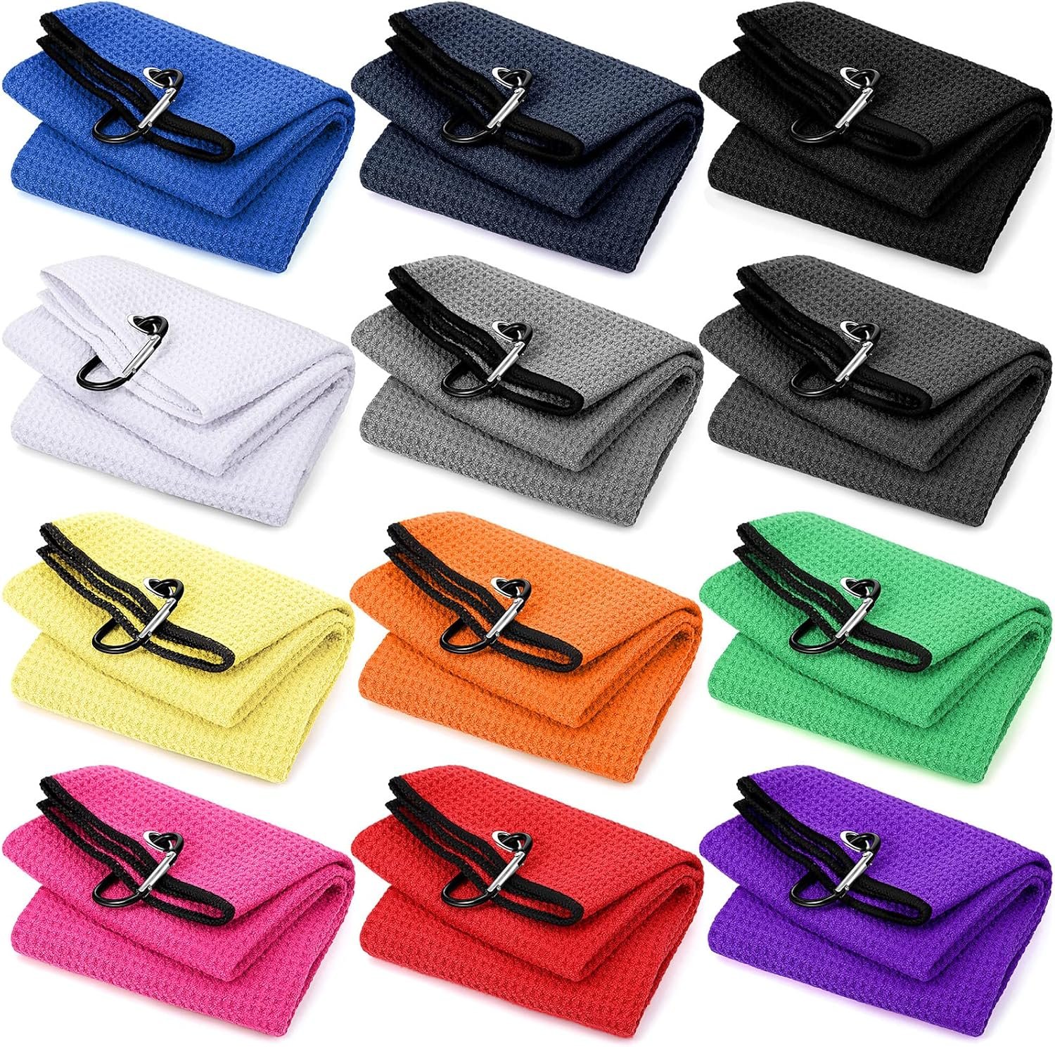 Moukeren 12 Pieces Golf Towel for Bags 16 x 24 Inch Microfiber Trifold Golf Towel with Heavy Duty Clip Waffle Pattern Towel for Men Women Cleaning