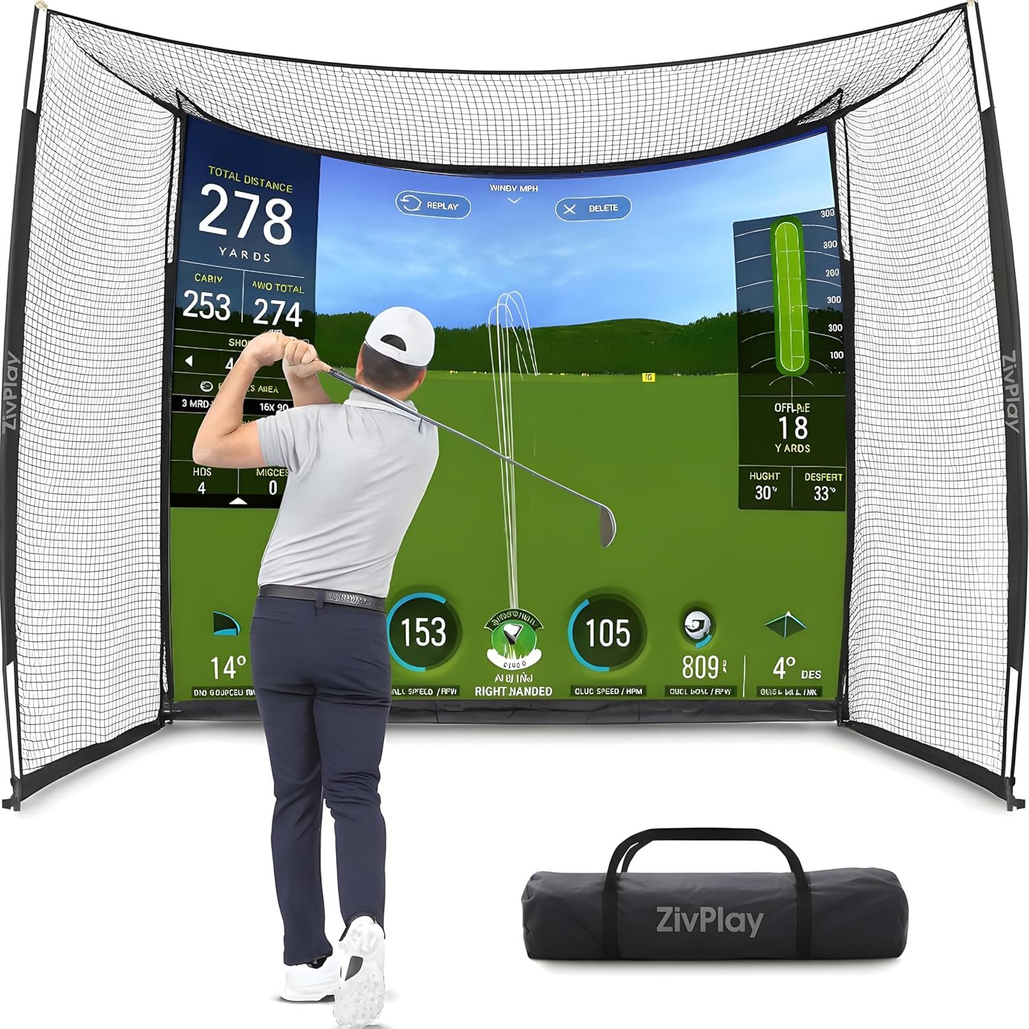 Golf Cage Net with Impact Screen Golf Hitting Net with Side Enclosure and Top Net Indoor Simulator Cage for Home Practice (Projector and Launch Monitor Not Included)
