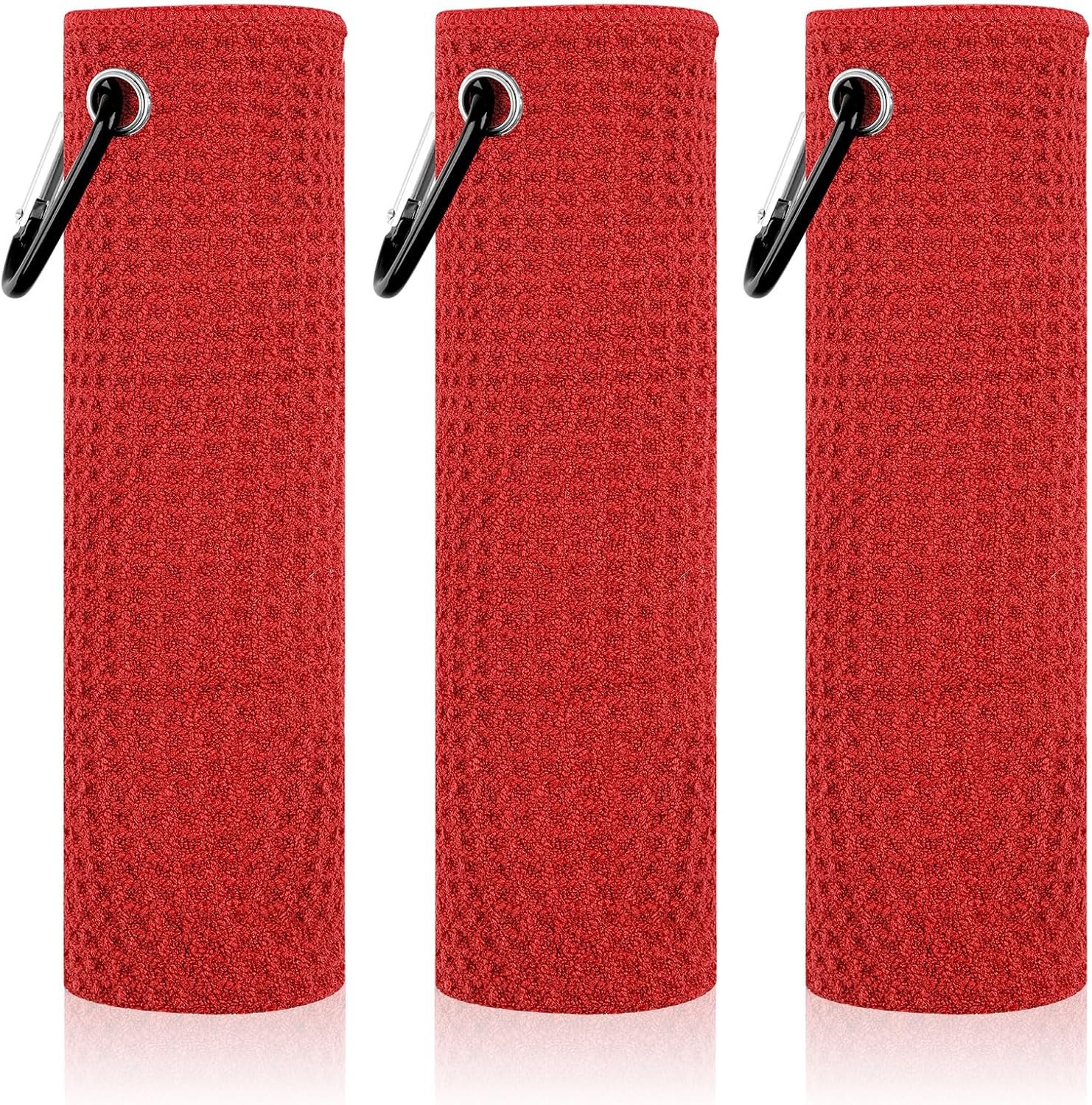 PEASUG 3 Pack Golf Towels (16″ x 16″), Absorbent Waffle Pattern Golf Towel for Golf Bag, Tri-Fold Portable Microfiber Golf Towels for Men & Women with Carabiner Clip, Red
