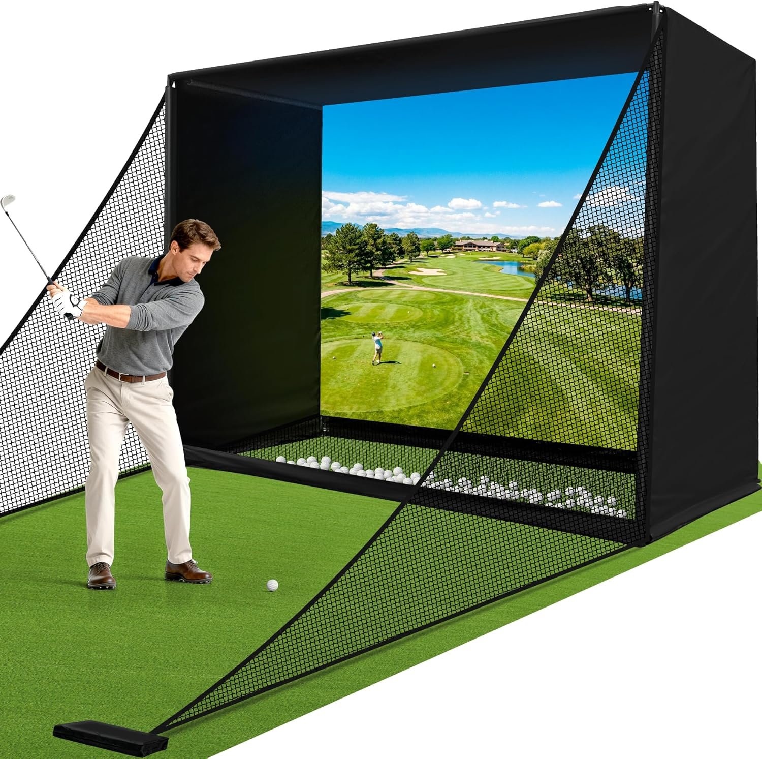 Golf Simulator Enclosure Net 10x8FT Golf Practice Simulator with HD Impact Screen Kit & Sturdy EPE Foam-Filled Frame Golfs Cage Net with Safety Side Nets for Home Indoor Setup