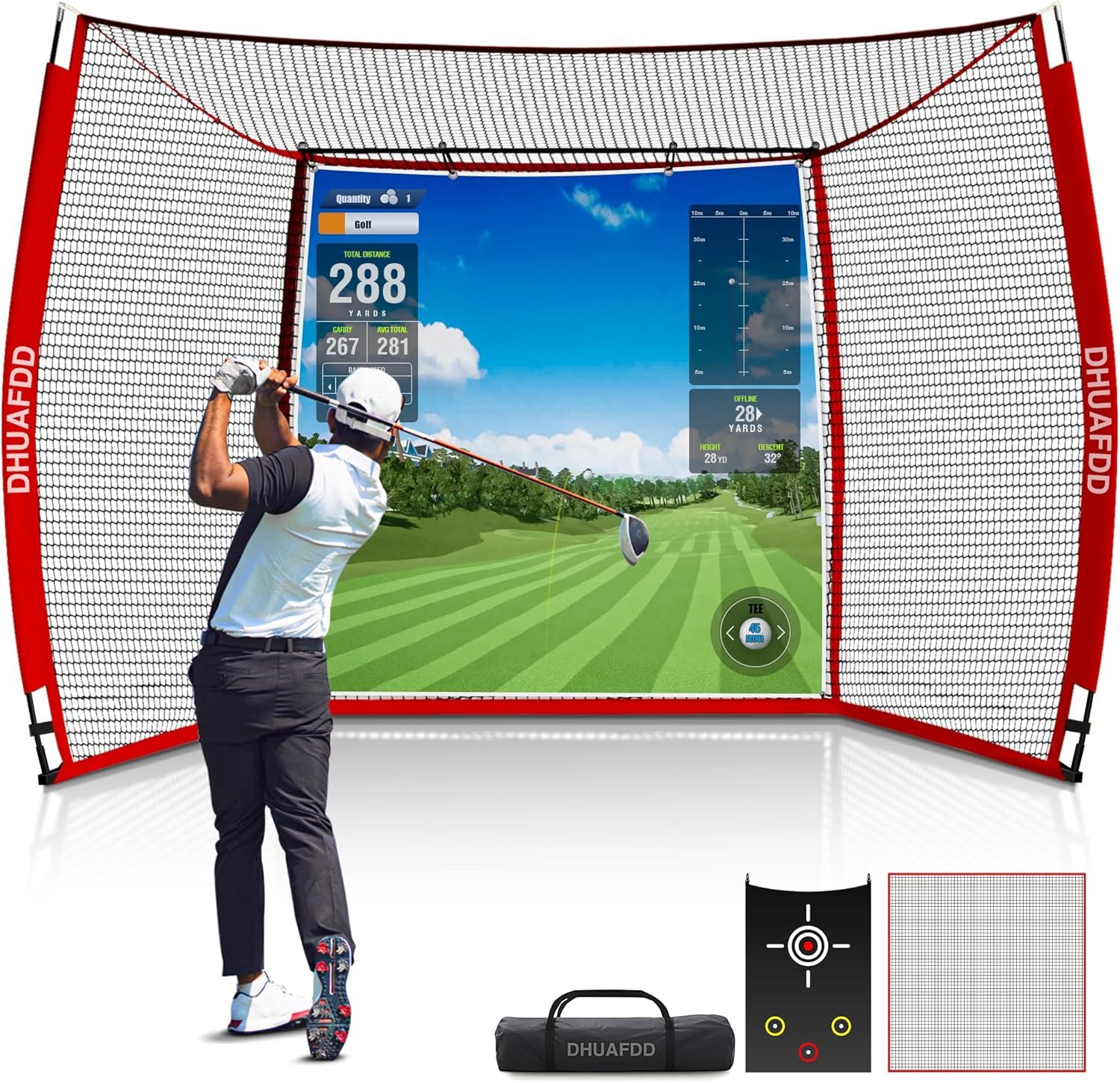 Golf Net with Impact Screen 10 X 8 ft Golf Practice Net with HD Simulator Screen & Target Cloth for Home Backyard Garage Simulator Net for Swing Training Indoor Outdoor Use