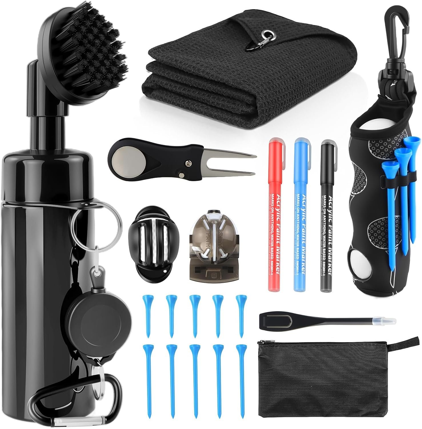 21 Pcs Golf Essentials Kit, Golf Club Cleaning Kit – Golf Club Brush & Golf Towel, Golf Ball Bag & Tees Holder & 2 Sizes Tees, Divot Repair Tool & Ball Marker, Must Haves Golf Accessories