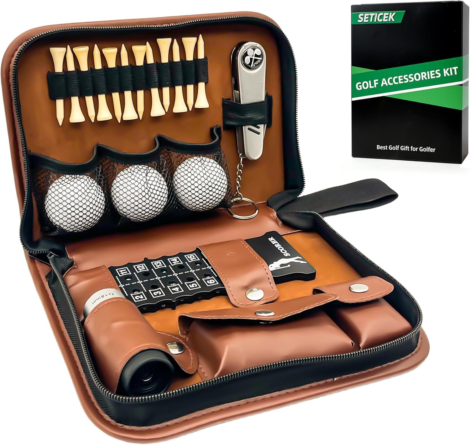 Seticek Golf Gifts for Men and Women,Golf Accessories Set with Gift Boxes, Golf Ball,Golf Tees,Brush,Multifunctional Divot Knife,Golf Ball Clamp,Rangefinder,Scorer