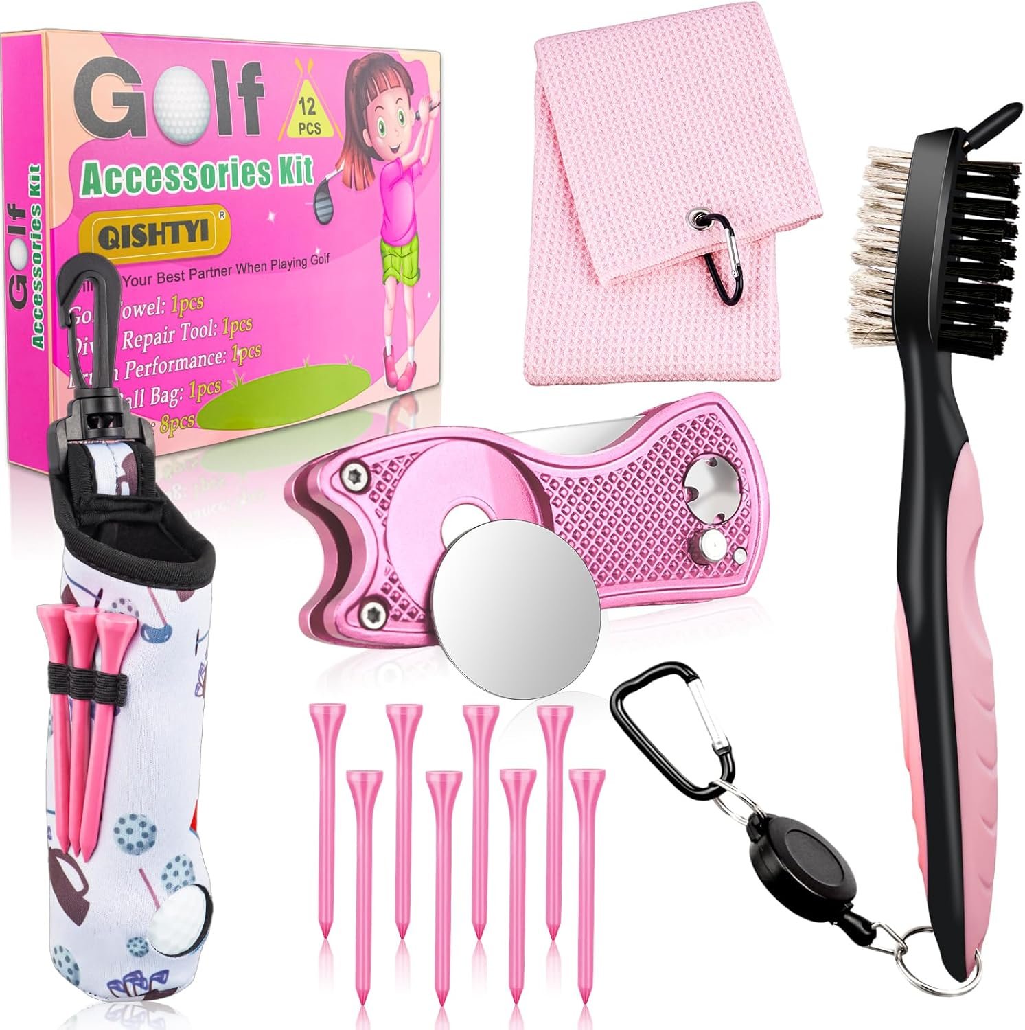 12Pcs Golf Accessories Kit Include Golf Ball Bag Golf Tees Golf Towel Golf Club Cleaner Brush Groove Cleaner Tool Divot Tool Magnetic Ball Marker,Best Golf Gift for Women Man